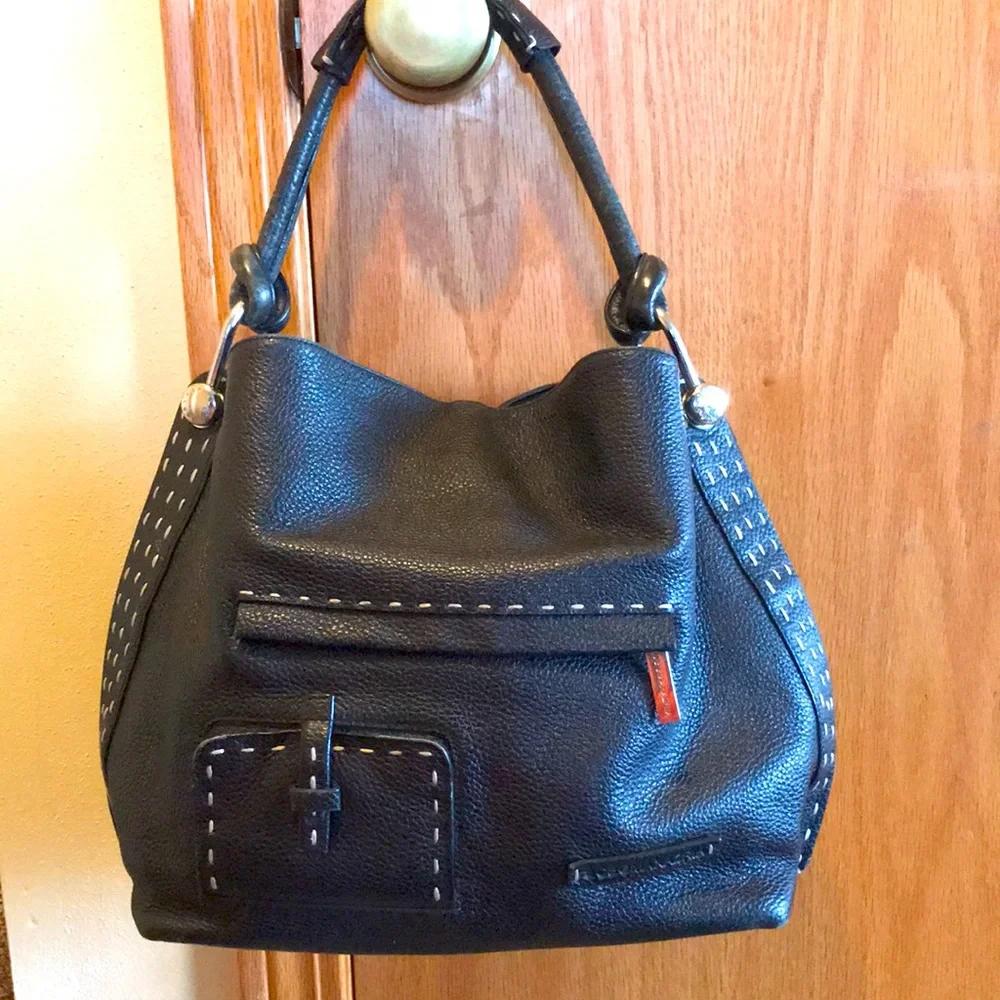 BCBGMAXAZRIA Black Leather Signature Hobo Bag purse silver ring ivory stitched